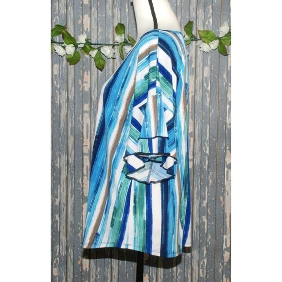 Cato Est. 1946 Ladies Blue Blouse Top Size S Beaded Faux Necklace Bell SS V-Neck - Picture 6 of 10